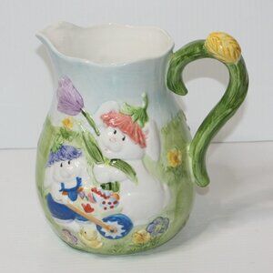 GKAO Easter Theme 3D Decorative Ceramic Pitcher 8" with Bunnies & Eggs NWOT NEW